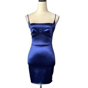 Windsor (NWT) Blue Satin Mini Bodycon Dress w/Lace Up Corset Back (Size: S)